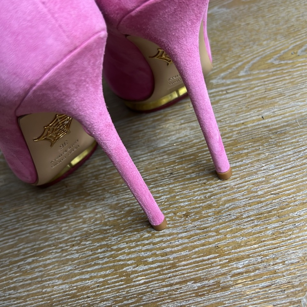 CHARLOTTE OLYMPIA Pink Suede Platform Dolly Heels 36 - Picture 13 of 14